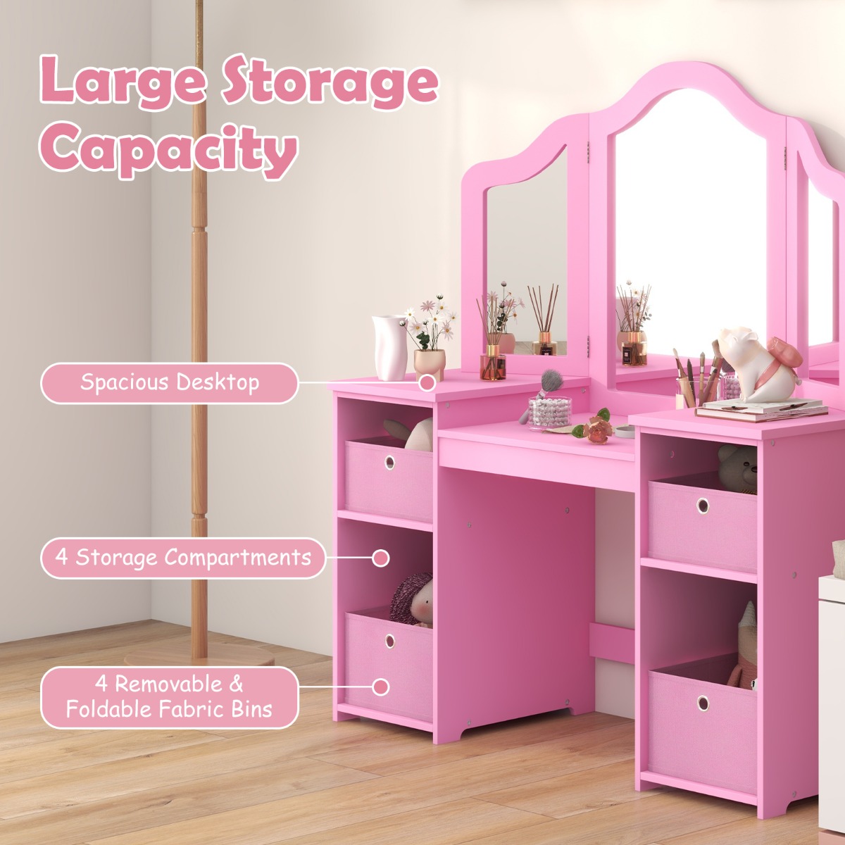ZONEKIZ Make-uptafel voor kinderen van 3 tot 6 jaar, make-uptafel met kruk, spiegel en lade, 50 x 36,5 x 89,5 cm, roze